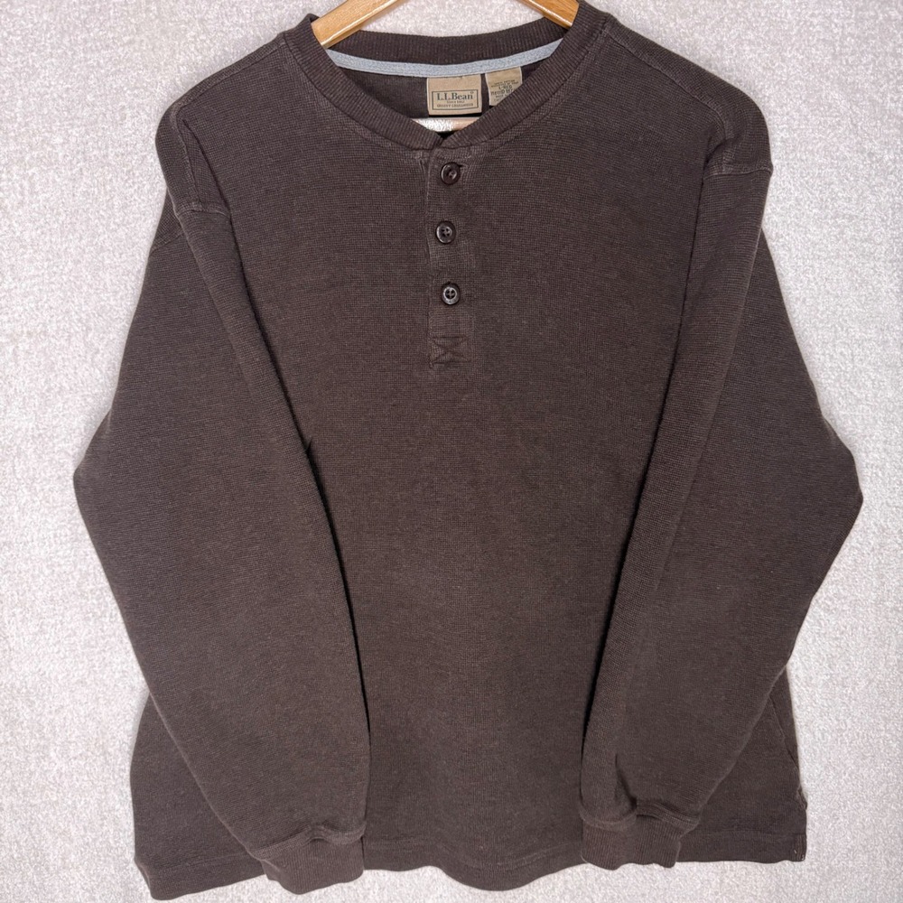 L.L.Bean Men's Large Brown Waffle Knit Thermal Henley Y2K Style Workwear